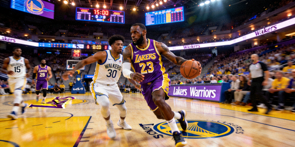 NBA常规赛洛杉矶湖人队对阵金州勇士队的篮球比赛直播画面，詹姆斯持球进攻